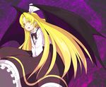  bat_wings blonde_hair fangs hair_ribbon kurumi_(touhou) purple_background ribbon serene_(gusarme) solo touhou touhou_(pc-98) wings yellow_eyes 