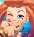  1girl :p ;p absurdres angelmoonlight artist_name blue_background blue_eyes brown_hair closed_mouth hand_up highres league_of_legends long_hair one_eye_closed red_hair shiny_skin smile solo tongue tongue_out zoe_(league_of_legends) 