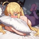  1girl @_@ absurdres ahoge artoria_caster_(fate) artoria_pendragon_(fate) blonde_hair blush ebora fate/grand_order fate_(series) feet feet_up green_eyes highres long_hair lying no_shoes on_stomach pantyhose pillow purple_pantyhose soles solo toes twintails 