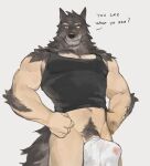  anthro canid canine canis clothing english_text erection erection_under_clothing hi_res looking_at_viewer male mammal muscular muscular_anthro muscular_male navel pecs pubes scar shirt simple_background solo tank_top text topwear wolf yuuko891 