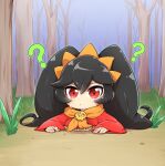  1girl ? ashley_(warioware) bare_tree black_hair forest grass hairband kankaku_shadan long_sleeves looking_at_viewer nature neckerchief orange_hairband orange_neckerchief outdoors red_eyes skull_brooch solo stuck sweatdrop through_ground tokkyuu_mikan tree twintails warioware 