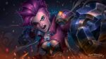  1girl absurdres angelmoonlight armor artist_name black_background breasts crop_top embers gauntlets gem green_eyes highres league_of_legends long_hair looking_at_viewer medium_breasts nose_piercing nose_ring open_mouth piercing pink_hair solo teeth undercut upper_body vi_(league_of_legends) 