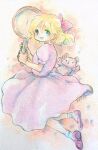  1girl blonde_hair bow dress frying_pan hair_bow holding holding_frying_pan mother_(game) mother_2 n-pitt open_mouth painting_(medium) paula_(mother_2) pink_dress red_bow ribbon short_hair smile stuffed_animal stuffed_toy teddy_bear traditional_media watercolor_(medium) 
