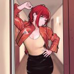  1girl absurdres artem_vitt black_skirt breasts chainsaw_man cleavage commentary cosplay cropped_jacket doorway hand_on_own_hip highres jacket katsuragi_misato katsuragi_misato_(cosplay) long_hair makima_(chainsaw_man) neon_genesis_evangelion open_clothes open_jacket red_hair red_jacket russian_commentary skirt solo white_nails yellow_eyes 
