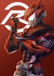  1boy abs adjusting_clothes adjusting_gloves armor belt belt-san compound_eyes drive_driver gloves kamen_rider kamen_rider_drive kamen_rider_drive_(series) male_focus red_armor red_background red_belt red_theme rider_belt shift_brace shift_car tire tsubasansan type_speed upper_body white_eyes 