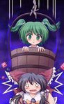  black_hair blush bucket detached_sleeves green_eyes green_hair hair_ribbon hakurei_reimu highres in_bucket in_container kisume lzh multiple_girls o_o power-up ribbon touhou twintails wooden_bucket 