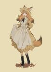  1girl animal_ears apron black_footwear black_ribbon boots brown_background brown_dress brown_eyes brown_hair collared_dress commentary_request dress fox_ears fox_girl fox_tail full_body grass highres long_hair long_sleeves looking_at_viewer nago_nago neck_ribbon open_mouth original ribbon simple_background skirt_hold smile solo tail white_apron 