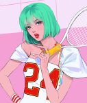  1girl blackpink bob_cut english_commentary eyeliner green_hair hand_on_own_hip highres holding holding_racket jewelry k-pop lisa_(blackpink) looking_at_viewer makeup necklace ngop open_mouth pink_background racket real_life red_eyeliner red_lips ring short_hair solo tennis_racket upper_body white_nails wristband 