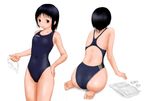  ass barefoot black_hair competition_swimsuit flat_chest goggles multiple_views natsu_no_yudoufu one-piece_swimsuit original red_eyes short_hair swimsuit 