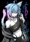  1boy ahoge animal_ear_fluff animal_ears black_choker black_shirt blue_eyes blue_fur blue_hair cat_boy cat_ears chain_necklace choker commission ebiblue evil_smile highres indie_virtual_youtuber jewelry linechu long_sleeves looking_at_viewer medium_hair mixed-language_commentary multicolored_fur navel necklace pink_fur pink_hair shirt skeb_commission smile smug teeth virtual_youtuber 