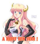  2008 2009 blonde_hair blue_eyes breasts cleavage cow_girl elbow_gloves gloves large_breasts lea_sakura long_hair macross macross_frontier new_year sheryl_nome solo 