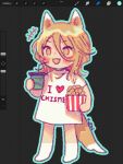  1girl animal_ears blonde_hair cup disposable_cup drinking_straw food fox_ears fox_girl fox_tail hanekawa_tsubasa highres k0nfette orange_eyes popcorn shirt solo tail touhou white_shirt 