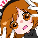  1girl a.i._voice adachi_rei against_fourth_wall close-up commentary_request gloves hands_up haremaki_(grgr_mkmk1) headlamp highres looking_at_viewer medium_hair open_mouth orange_eyes orange_hair portrait solo utau white_gloves 