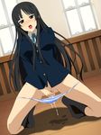  1girl akiyama_mio black_eyes black_hair blush breasts censored feet fingering highres k-on! kneeling large_breasts legs long_hair looking_at_viewer masturbation minarui open_mouth panties panty_pull pussy pussy_juice saliva school_uniform socks solo striped striped_panties thighs underwear wet wet_panties window wooden_floor 