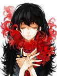  black_hair blood boxcutter closed_eyes flower highres lily_(flower) long_hair original rose smile solo spider_lily suicide symbolism tcb tears 