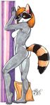  butt female looking_at_viewer mammal nude pinup pose raccoon solo terrie_smith traditional_media 