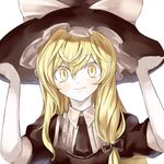  adjusting_clothes adjusting_hat ascot bad_id bad_pixiv_id banned_artist blonde_hair dress_shirt hat kirisame_marisa kozou_(soumuden) long_hair shirt smile solo touhou upper_body yellow_eyes 