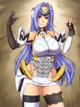  1girl ameoto android armor bare_shoulders blue_hair breasts elbow_gloves fingerless_gloves gloves highres hips kos-mos large_breasts legs long_hair looking_at_viewer red_eyes simple_background solo standing thighs xeno_(series) xenosaga 