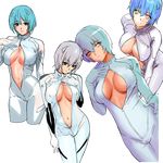  ayanami_rei blue_hair bodysuit breasts cleavage large_breasts makacoon neon_genesis_evangelion red_eyes short_hair white_bodysuit 