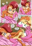  amy_rose anthro comic dialog female fingering lesbian licking mobius_unleashed oral oral_sex sally_acorn sega sex sonic_(series) text tongue 