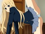  1girl blonde_hair blue_eyes blush breasts door highres k-on! kotobuki_tsumugi leg_up legs long_hair looking_at_viewer minarui open_mouth panties pantyshot school_uniform skirt solo thighs underwear upskirt white_panties 