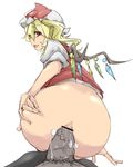  1boy 1girl anal arm_support ass ass_grab assertive black_legwear blonde_hair censored clothed_female_nude_male clothed_sex cum cum_in_ass dress dress_lift drooling flandre_scarlet from_behind girl_on_top happy_sex hat legwear looking_at_viewer looking_back no_panties open_mouth p_(tidoriashi) penis pov pov_eye_contact saliva sex smile thighhighs thighs tongue touhou veins veiny_penis wavy_hair white_background 