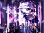  braid column dress edogawa_kenpi feathers field_of_blades hair_ribbon izayoi_sakuya knife maid maid_headdress outstretched_arm pillar planted_weapon purple_eyes ribbon silver_hair solo touhou twin_braids weapon 