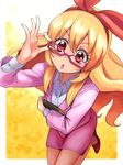  :o aikatsu! aikatsu!_(series) blonde_hair glasses hair_ribbon high_heels highres hoshimiya_ichigo long_hair looking_at_viewer nyama open_mouth pantyhose red_eyes ribbon shoes skirt solo v-shaped_eyebrows 