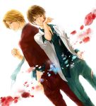  back-to-back blonde_hair blood brown_eyes brown_hair bruise father_and_son injury multiple_boys rdg_red_data_girl sagara_miyuki sagara_yukimasa sasago school_uniform short_hair 