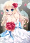  bare_shoulders beatrice blonde_hair blue_eyes blush bouquet breasts bridal_veil choker cleavage dress flower hair_down hair_flower hair_ornament kuriyuzu_kuryuu large_breasts long_hair petals rose solo strapless strapless_dress umineko_no_naku_koro_ni veil wedding_dress 