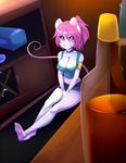  bottle cleavage clothed clothing cute female hair looking_at_viewer mammal mouse pink_eyes pink_hair rat rodent sitting skimpy solo spazzykoneko 