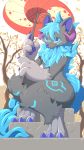  2018 3_toes 4_fingers aliasing anthro blue_eyes blue_hair blue_markings front_view fur grey_fur hair hi_res holding_object horn male markings neck_tuft nude outside pata sitting smile solo species_request toes tree tuft umbrella 
