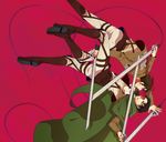  ascot belt black_hair boots cape dual_wielding emblem eren_yeager highres holding jacket levi_(shingeki_no_kyojin) multiple_boys nashi_y paradis_military_uniform pink_background shingeki_no_kyojin simple_background survey_corps_(emblem) sword thigh_strap three-dimensional_maneuver_gear weapon wire 