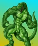  anthro balls biceps big_muscles claws dinosaur fangs flaccid flexing green_skin male muscles nude open_mouth orange_eyes pecs penis pose presenting reptile scales scalie solo standing sudonym teeth theropod toned tongue tyrannosaurus_rex vein 