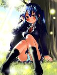  against_tree akira_(umihan) black_legwear blue_hair blush guitar_case highres instrument_case k-on! nakano_azusa no_shoes panties sakuragaoka_high_school_uniform school_uniform sitting smile socks solo striped striped_panties tree underwear 