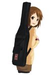  absurdres black_legwear blush brown_eyes brown_hair guitar guitar_case highres hirasawa_yui instrument instrument_case k-on! legwear_under_shorts looking_at_viewer looking_back pantyhose short_hair shorts simple_background smile white_background zasshu_tamashii 