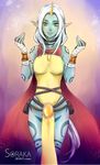  bandages belt blue_skin bracelet breasts cape dated fingernails horn jewelry large_breasts league_of_legends long_hair lykaios necklace pointy_ears pouch sideboob smile solo soraka tattoo very_long_hair white_hair yellow_eyes 