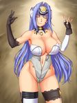  1girl ameoto android bare_shoulders blue_hair bodysuit breasts cleavage elbow_gloves eyes_closed fingerless_gloves gloves highres hips kos-mos large_breasts legs long_hair navel simple_background solo standing thighs very_long_hair xeno_(series) xenosaga 