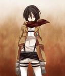  belt black_eyes black_hair emblem jacket mikasa_ackerman paradis_military_uniform scarf shiki_(hubin) shingeki_no_kyojin short_hair solo survey_corps_(emblem) thigh_strap three-dimensional_maneuver_gear 