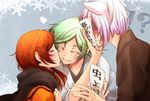  1girl 2boys blush cheek_kiss closed_eyes covered_face green_hair hetero japanese_clothes kamisama_hajimemashita kiss leaning_on_person leaning_to_the_side mizuki_(kamisama_hajimemashita) momozono_nanami multiple_boys ofuda red_hair scarf school_uniform silver_hair smile tomoe_(kamisama_hajimemashita) upper_body urakura 