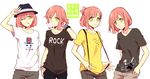  ;q bubble_blowing character_name chewing_gum clothes_writing costume_chart english flag_print hand_behind_head hands_in_pockets hat karuha logo nanami_haruka one_eye_closed pants parody pink_hair print_shirt shirt short_hair smile suspenders t-shirt tongue tongue_out union_jack uniqlo uta_no_prince-sama v wristband yellow_eyes 