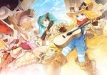  4girls :d ;) ;d aqua_eyes bad_id bad_pixiv_id blonde_hair blue_eyes bonnet closed_eyes concertina cowboy_hat fringe_trim guitar hakou_(barasensou) hat hatsune_miku instrument kagamine_len kagamine_rin kaito legwear_under_shorts long_hair megurine_luka multiple_boys multiple_girls one_eye_closed open_mouth overalls pantyhose pink_hair seeu shorts smile striped striped_legwear twintails violin vocaloid 