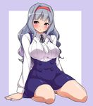  bangs blunt_bangs blush breasts hair_intakes hairband idolmaster idolmaster_(classic) kyokutou_hentai_samurai large_breasts long_hair open_mouth outside_border parted_lips purple_eyes shijou_takane silver_hair simple_background sitting skirt solo thick_thighs thighs tsurime wide_hips yokozuwari 