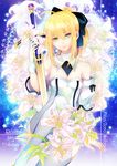  ahoge artoria_pendragon_(all) bare_shoulders blonde_hair bow caliburn cover cover_page detached_sleeves doujin_cover dress fate/stay_night fate/unlimited_codes fate_(series) flower gloves green_eyes hair_bow lily_(flower) long_hair ponytail saber saber_lily smile solo sword thighhighs weapon white_legwear youaresober 