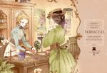  apron balance_scale bird birdcage blonde_hair brown_hair cage closed_eyes dress earrings english european_clothes hair_up hat ichiko indoors jewelry kiseru leaf long_sleeves monocle multiple_girls original pipe plant poster_(object) shelf smile spoon tobacco top_hat umbrella weighing_scale 