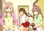  brown_eyes brown_hair flat_chest food food_in_mouth late_for_school long_hair minami-ke minami_chiaki minami_haruka minami_kana mouth_hold multiple_girls open_mouth ruu_(tksymkw) school_uniform skirt sweatdrop toast toast_in_mouth twintails 