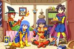  3girls bed blue_hair character_request dragon_quest dragon_quest_iii fire hat long_hair mage_(dq3) multiple_girls priest_(dq3) purple_hair red_eyes roto ruu_(tksymkw) short_hair sitting smile soldier_(dq3) sword weapon witch_hat 