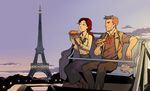  1girl ascot bioshock bioshock_infinite blue_eyes booker_dewitt brown_hair dusk eating eiffel_tower elizabeth_(bioshock_infinite) facial_hair food hot_dog landmark long_hair long_skirt paris ponytail scenery shroedinger skirt sleeves_rolled_up smile stubble vest 