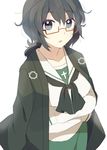  black_eyes black_hair breast_hold breasts cross crossed_arms girls_und_panzer glasses green_skirt haori highres japanese_clothes linaria_(ookinahitomi) looking_at_viewer messy_hair neckerchief octagram ooarai_school_uniform oryou_(girls_und_panzer) pleated_skirt school_uniform serafuku short_hair skirt solo standing 