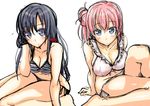  akino_sora arm_support bare_legs bare_shoulders barefoot bikini black_hair blue_eyes breasts cleavage hair_bun large_breasts long_hair looking_at_viewer multiple_girls pink_bikini pink_hair side-tie_bikini side_bun sitting sketch string_bikini striped striped_bikini striped_swimsuit swimsuit wariza yahari_ore_no_seishun_lovecome_wa_machigatteiru. yuigahama_yui yukinoshita_yukino 